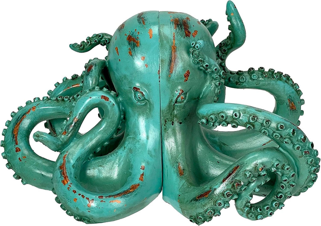 Set of 2 Octopus Decorative Bookends, 10 Inch Aqua Resin | Lifelike Tentacle Sculpting, Felt Pad Feet Help Protect