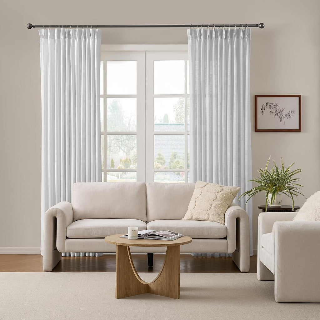 White Pleated Semi Sheer Drapes 50 x 92 Inch Length, Memory Shape Linen Textured Light Filtering Boho Neutral Back