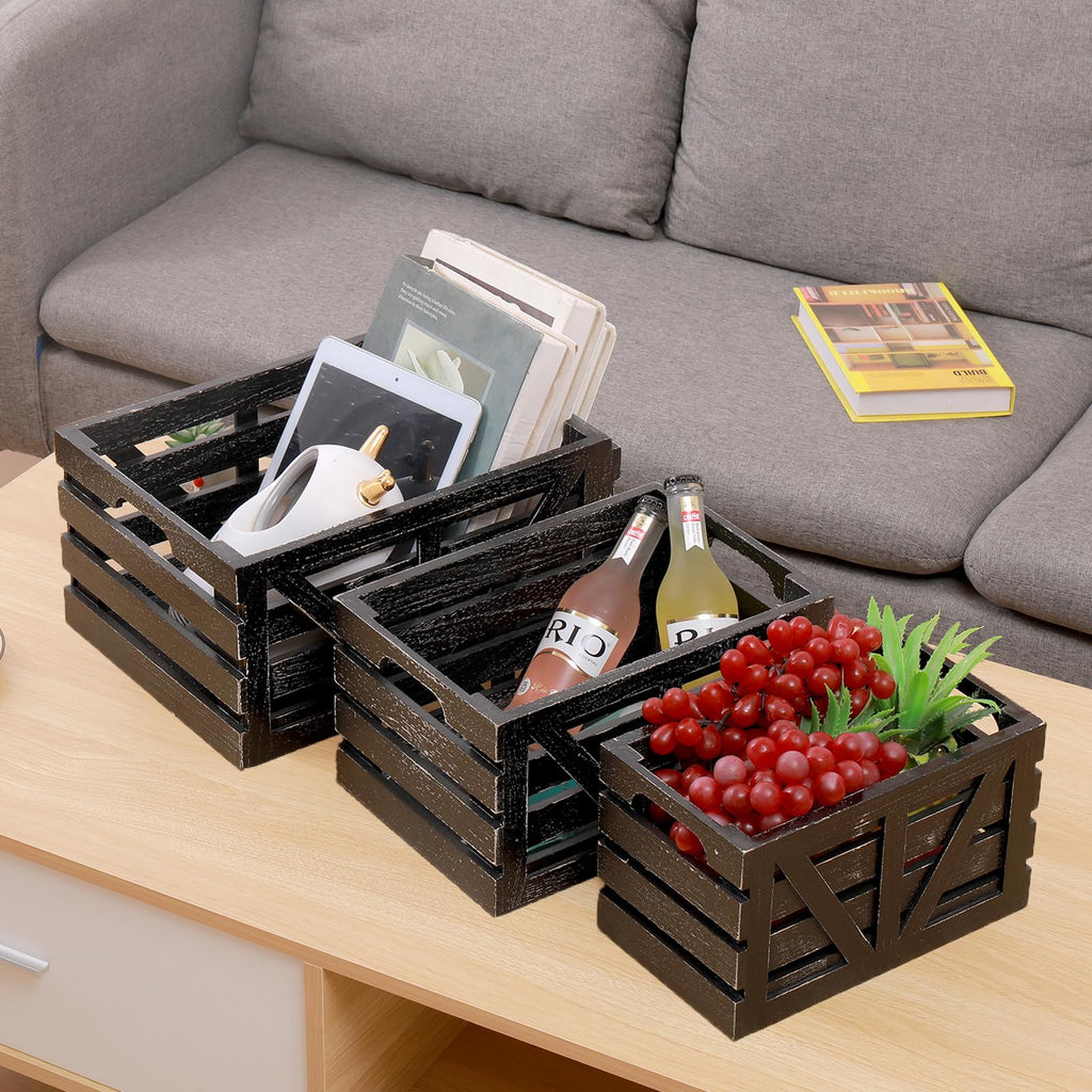 Farmhouse Storage Crates Nested Wooden Storage Crate with Handles, 3 Pack