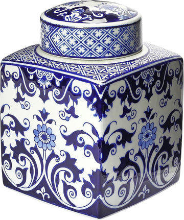 Decorative Square Ceramic Ginger Jar with Lid for Small Spaces, Blue and White