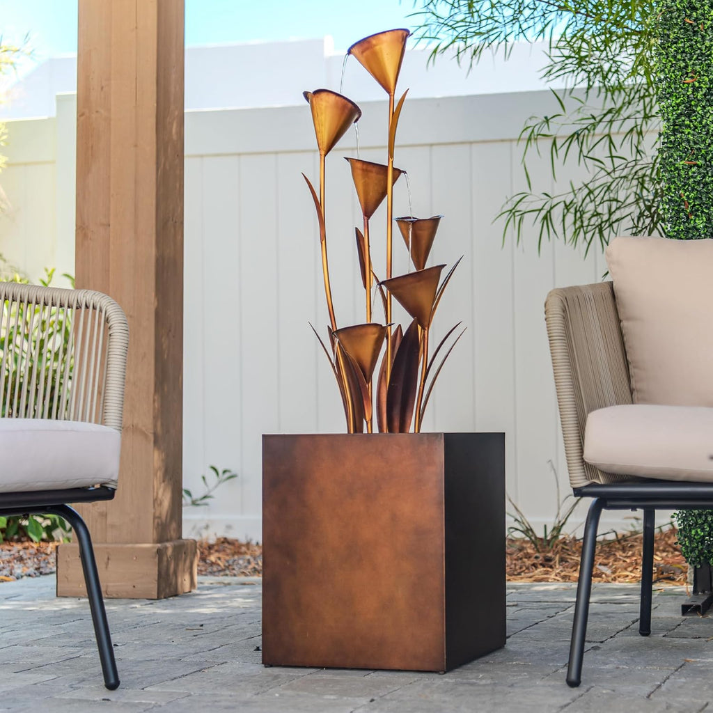46" Tall Bronze Metal Sculptural Flower Multi-Tier Freestanding Water Fountain for Indoor & Outdoor Use
