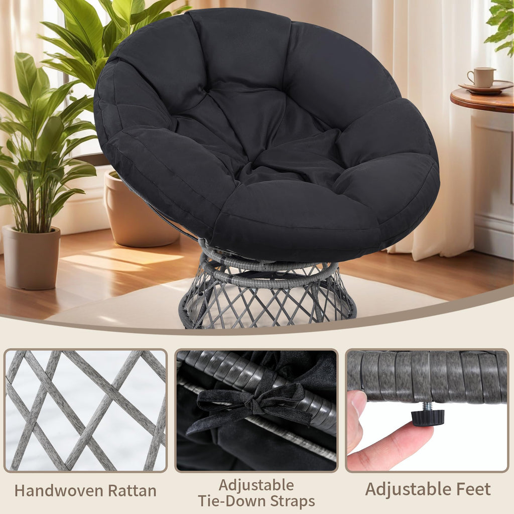 46" Oversized Rattan Papasan Chair, Grey Frame with Black Cushion