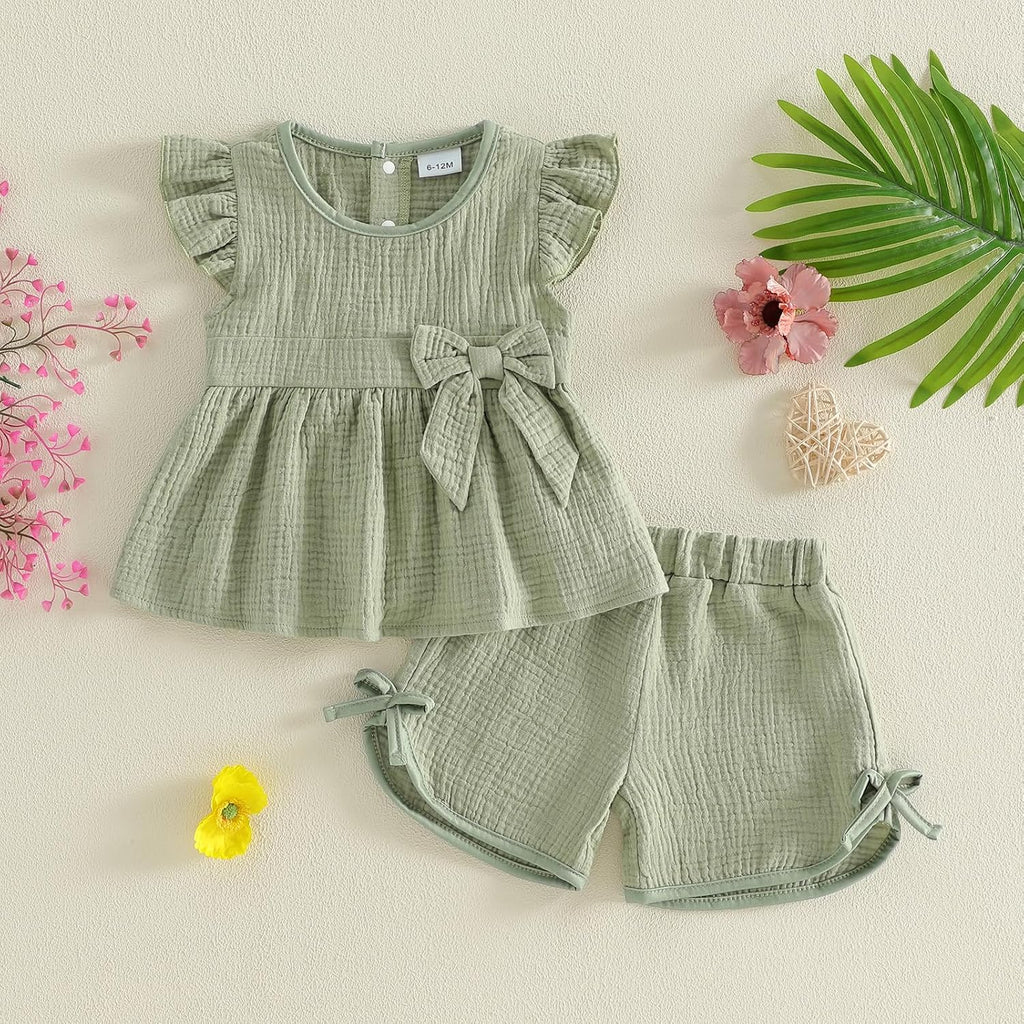 Toddler Baby Girl Summer Clothes Fly Sleeve Solid Color Tops and Shorts Sets 2 Piece Infant Outfits