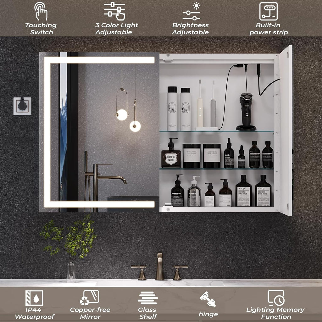 Lighted Medicine Cabinet with Mirror, Wall Mounted Bathroom Mirror with Storage, 2 Doors Bathroom Wall Cabinet with