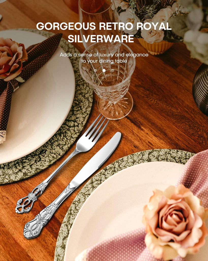 24 Pcs Gorgeous Retro Royal Silverware Set with Gift Box, Stainless Steel Cutlery Flatware Set for 4, Include Forks