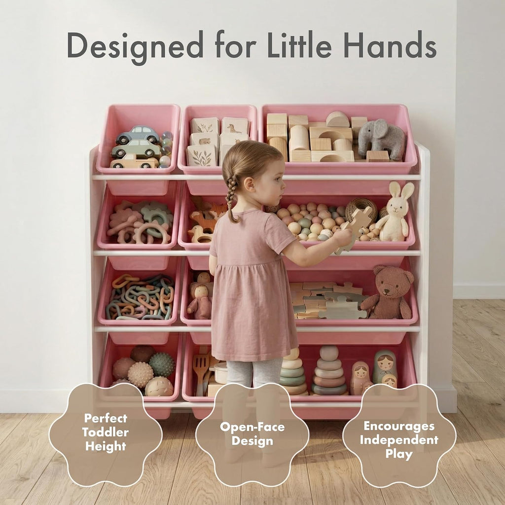 Kids Toy Organizer with 12 Bins, 4 Tier Storage | Sturdy wood and steel toddler shelf, removable BPA-free containers