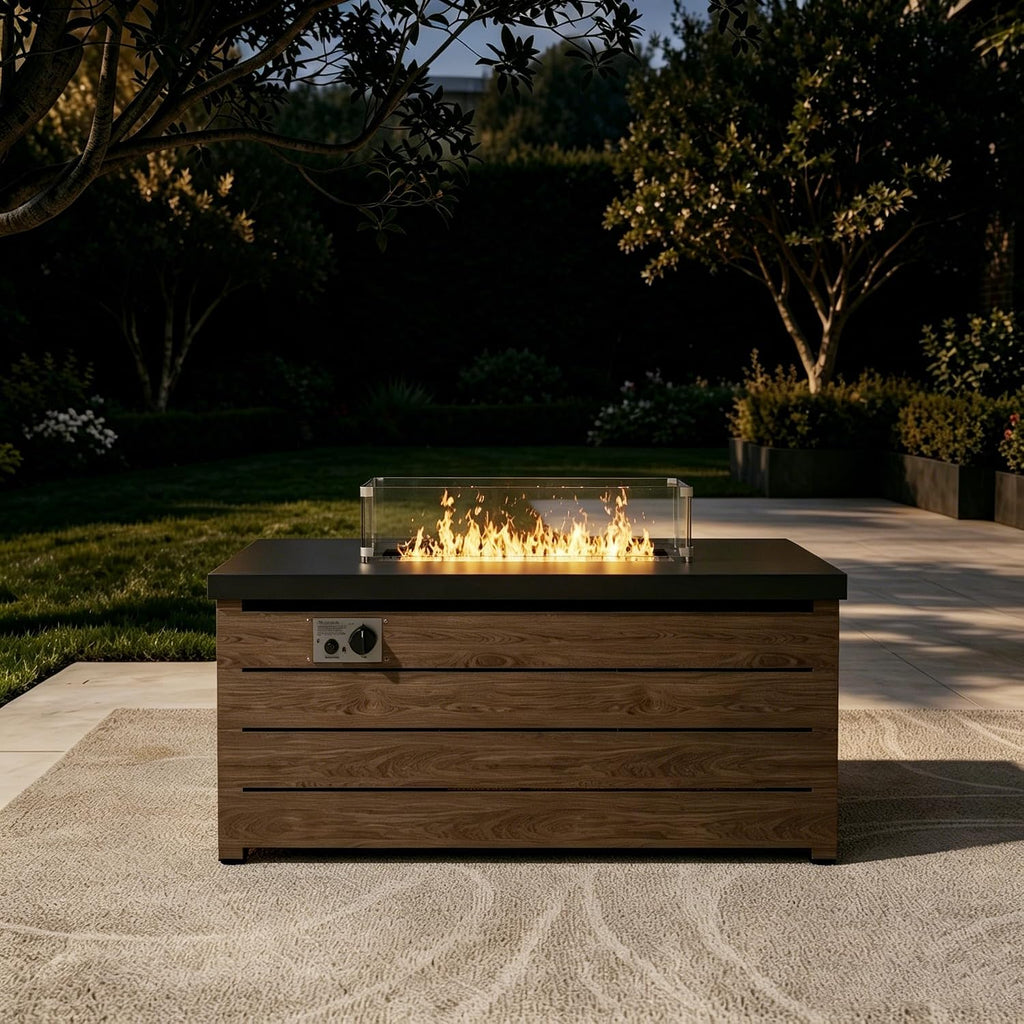 Outdoor Propane Fire Pit Table, 60,000 BTU Rectangular Gas Fire Pit | with Lid, Glass Bead and Top Cover, 3 in 1 Fire
