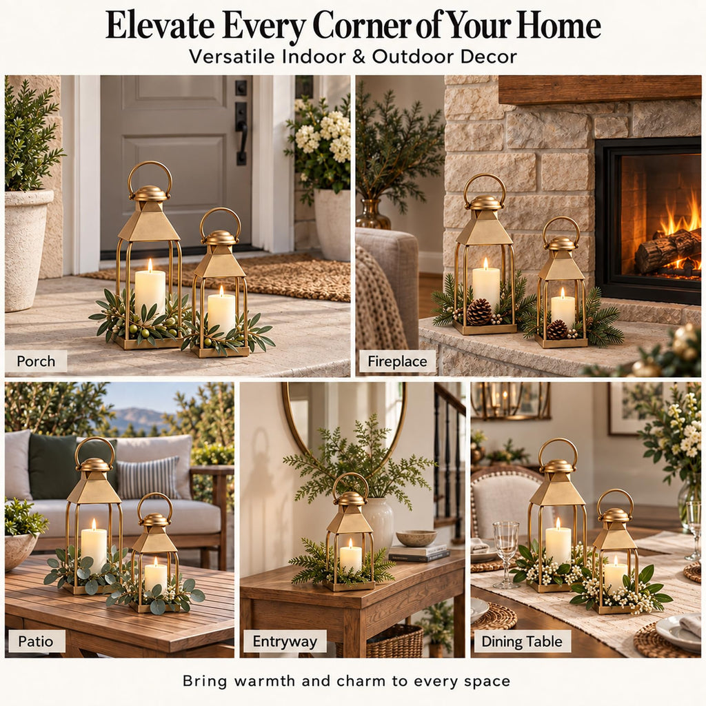 Antique Gold Decorative Metal Lanterns Indoor Outdoor Set of 2