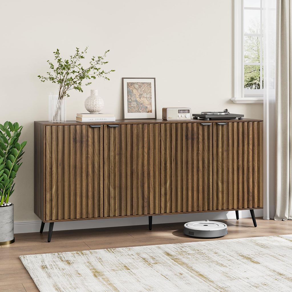 63" Fluted Sideboard Cabinet, Freestanding Walnut Buffet Cabinet with Adjustable Shelf, Wood Storage Cabinet