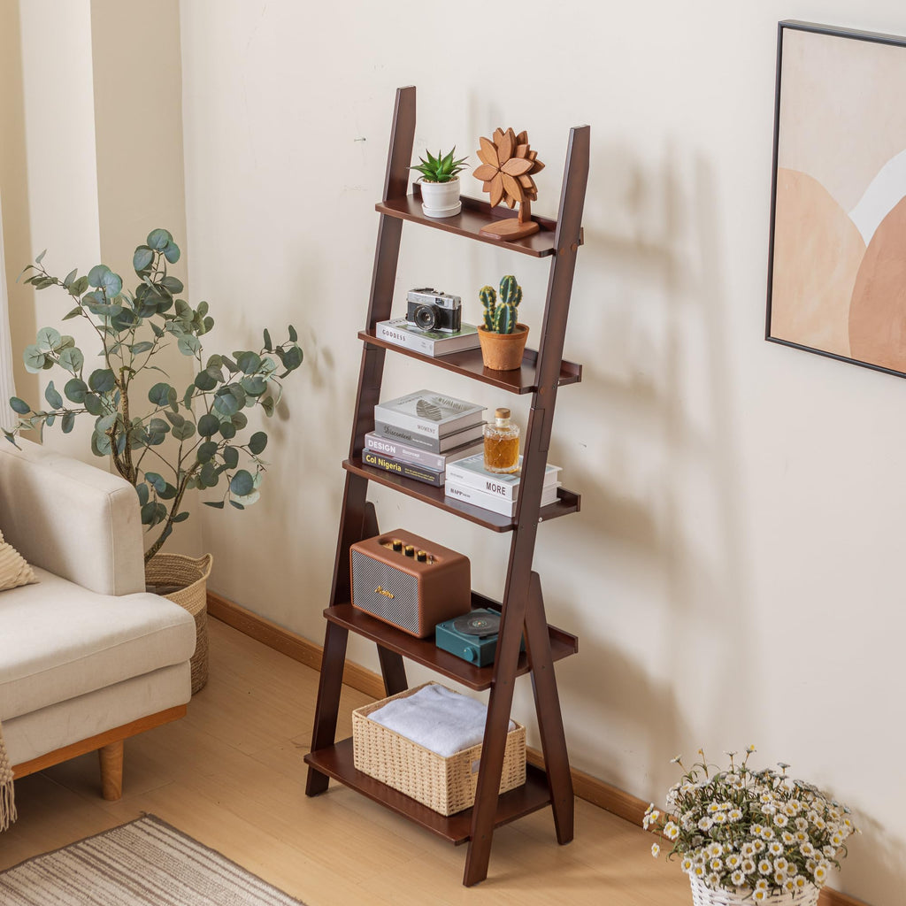Bamboo Ladder Shelf Bookcase, 5-Tier Leaning Bookshelf Free Standing Organizer Storage Shelves, Balcony, Dark Walnut