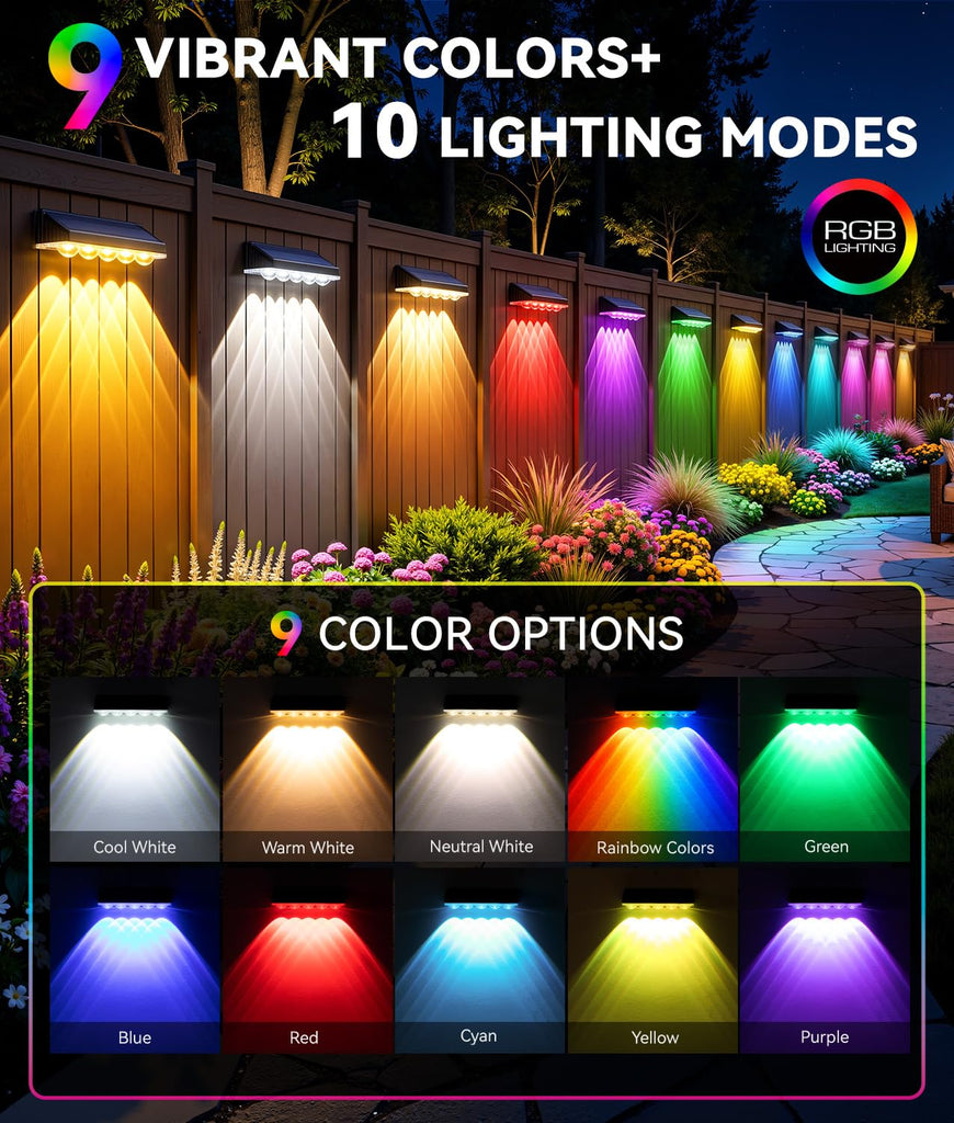 Solar Fence Lights Outdoor Waterproof, 12 Pack Warm White & 9 Fixed Colors & Color Changing Fence Lights Solar