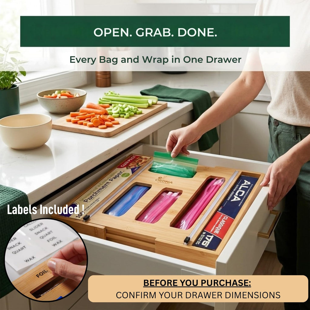 3" Slim 6-in-1 Expandable Storage Bag Organizer Kitchen Drawer - Bamboo Baggie Organizer for Drawer, Aluminum Foil &