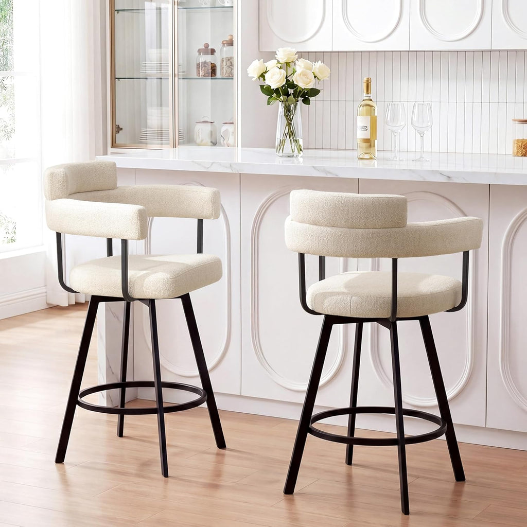 Swivel Bar Stools with Backs and Arms, Modern Bar Stools Set of 2 Island, 26" Upholstered Linen Counter Height Bar