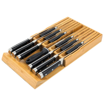 Bamboo Knife Drawer Organizer, Knife Drawer Organizer Insert, Kitchen Drawer Knife Block for 12 Knives and a PLUS