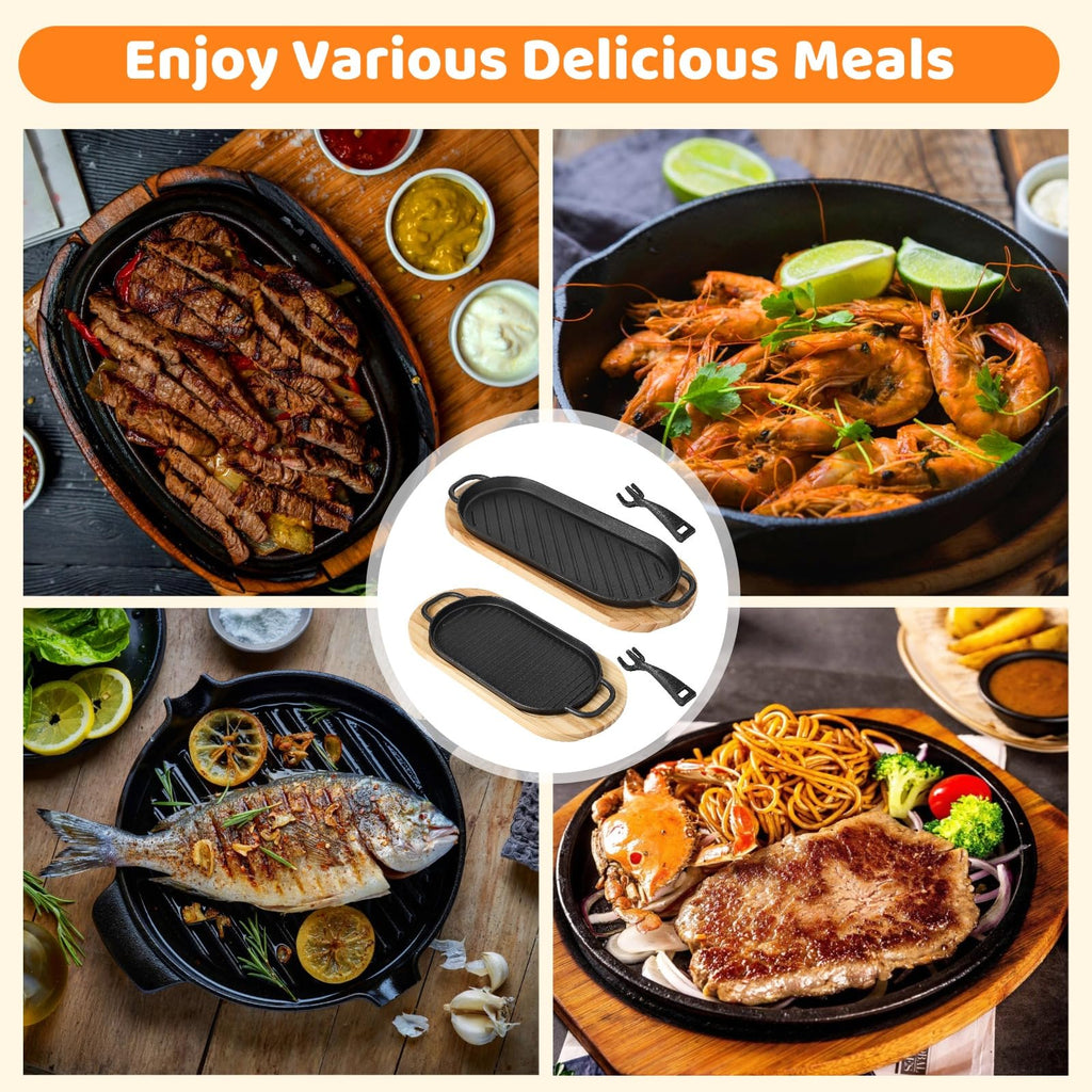 Cast Iron Skillet Set, 2 PCS Fajita Plate Sizzling Pan Cast Iron Plates with Wooden Base Removable Handle, Steak Pan
