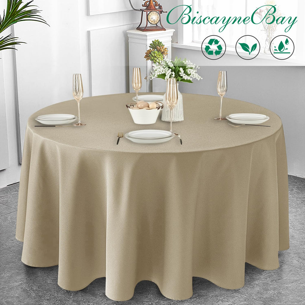 Textured Round Tablecloth-Fabric Water Resistant Table Cloths-Natural 90"