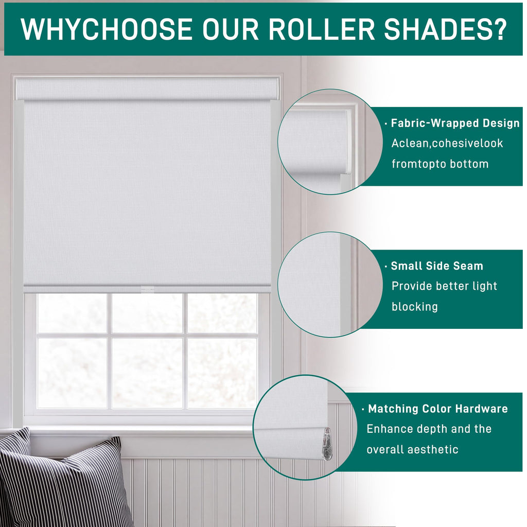 Cordless Blackout Roller Shades, Linen Fabric.White.