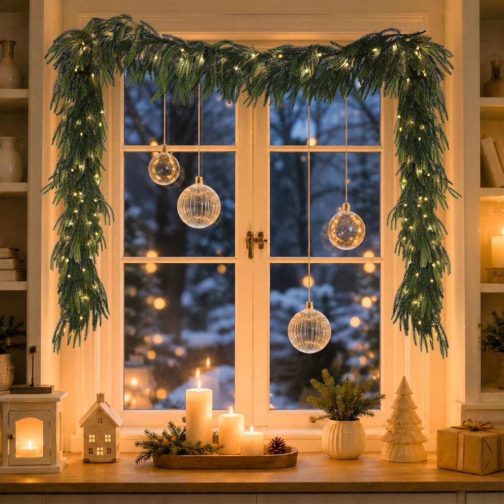 9FT Christmas Norfolk Pine Pre-Lit Garland with 70 LED Lights Real Touch Prelit Garland Christmas Greenery Garlands