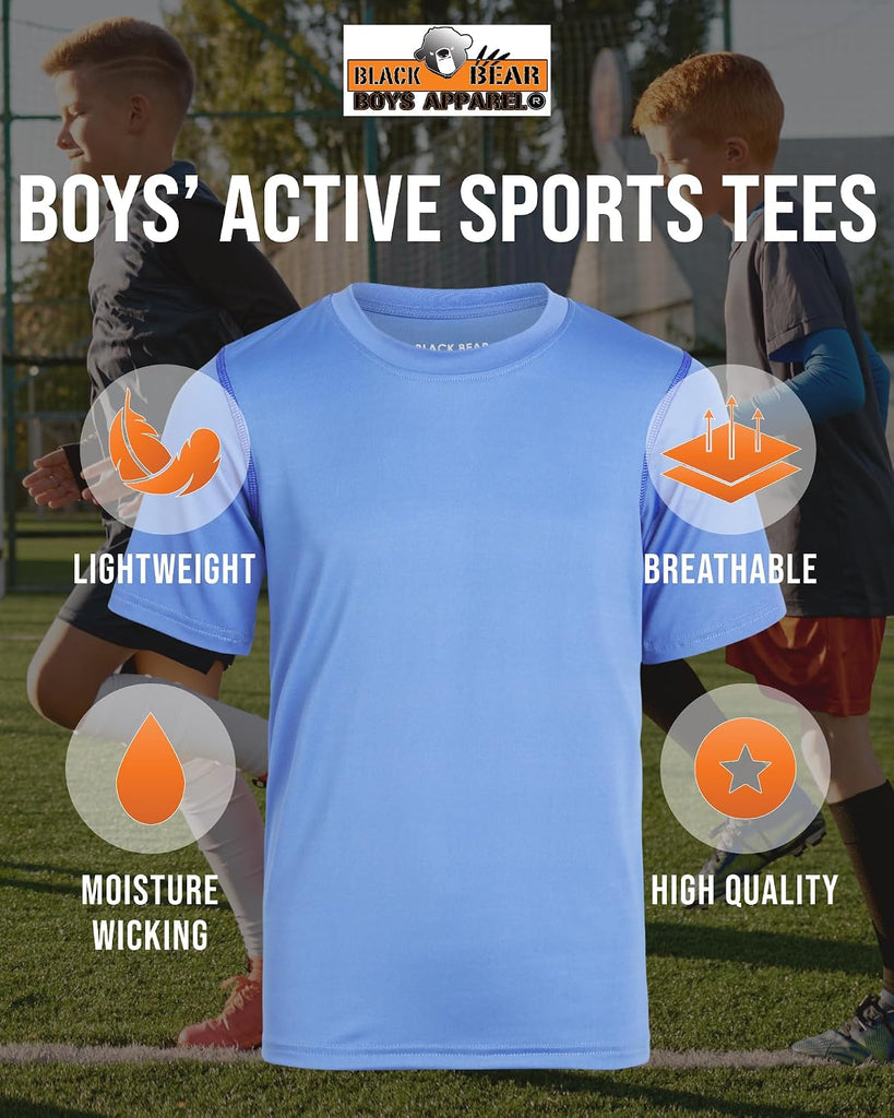 Boys Active Shirt - 4 Pack Athletic Performance Dry Fit Youth Shirt for Boys - Short Sleeve Kids Tshirts