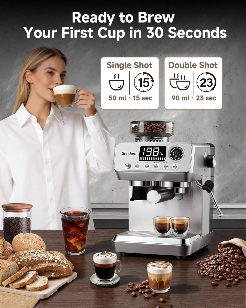 Espresso Machine with Grinder,20 Bar,44 Grind Setting,Milk Frother | Stainless Steel Coffee Maker , Temp Control