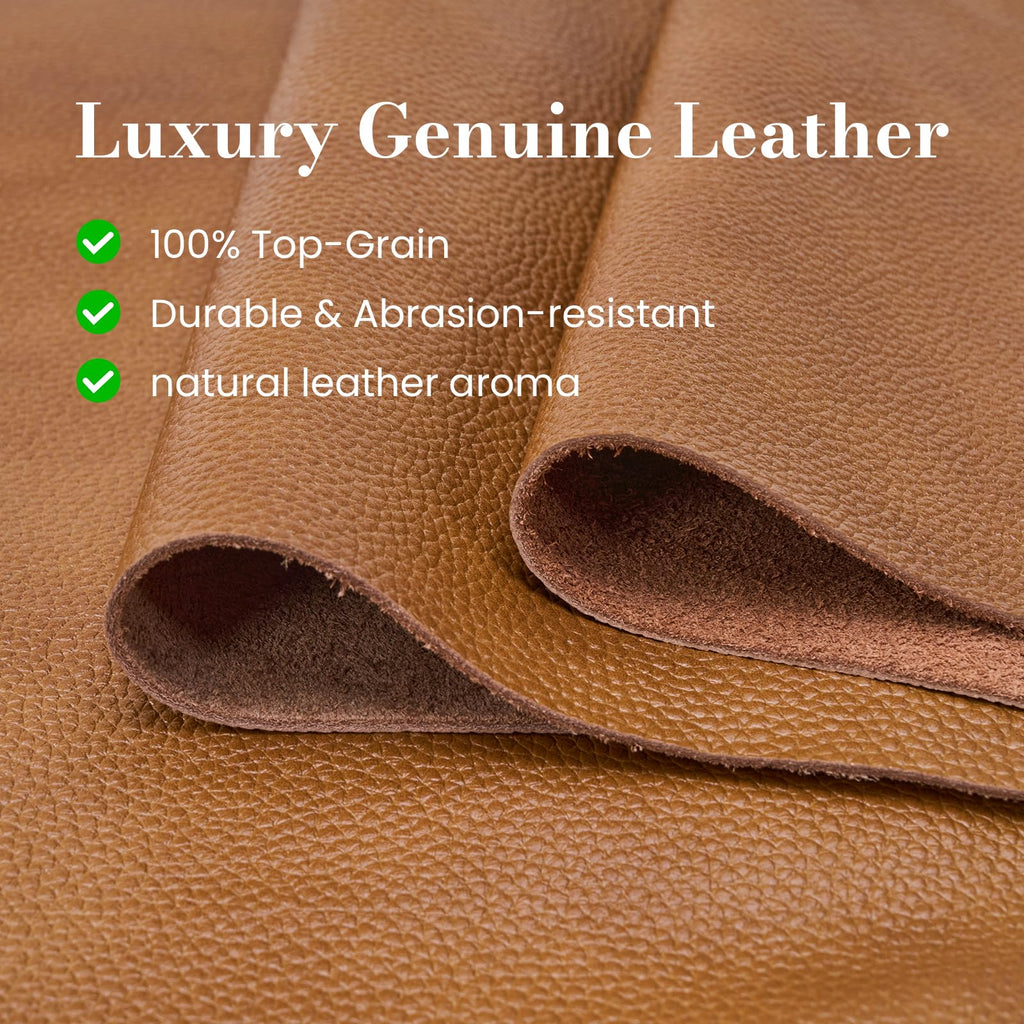Square Genuine Leather Pouf Ottoman, No-Assembly Modern Footrest (Tan)