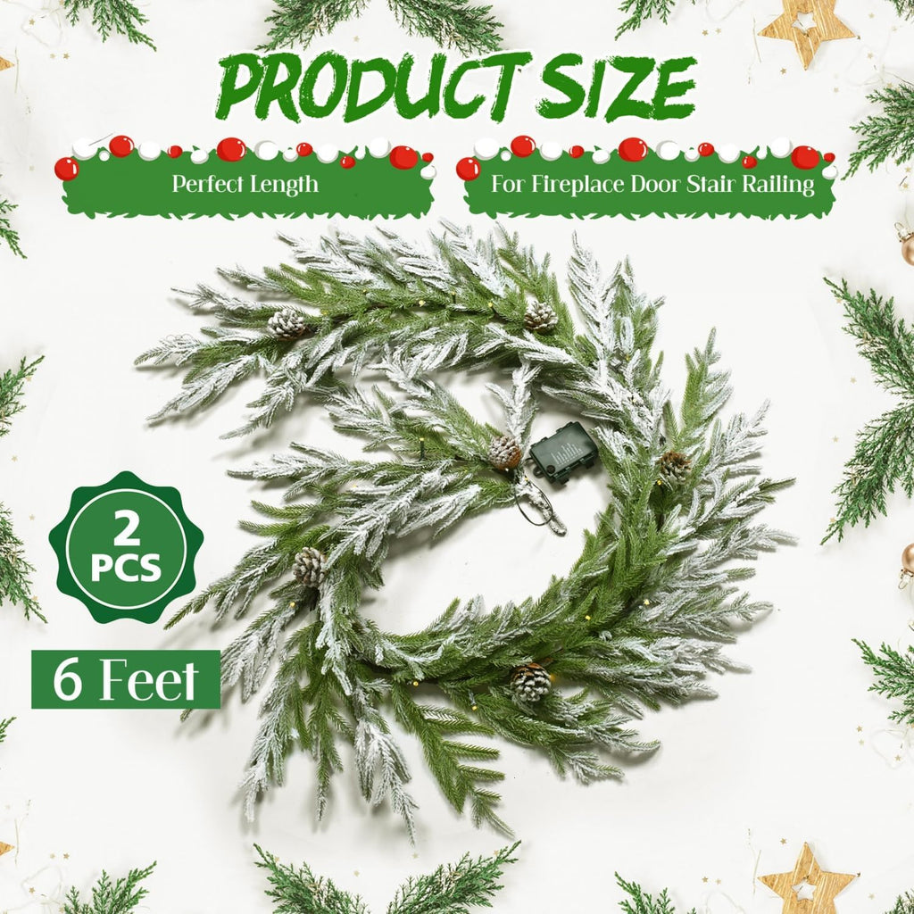 2PCS 6FT Norfolk Pine Garland Flocked Garland with Lights Pinecone