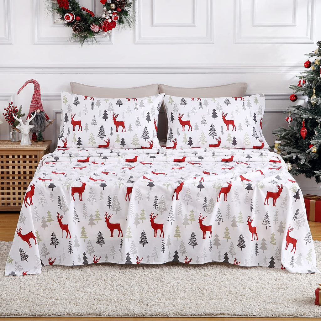 Christmas Sheets Twin, 100% Cotton Flannel Printed Bed Sheet Set