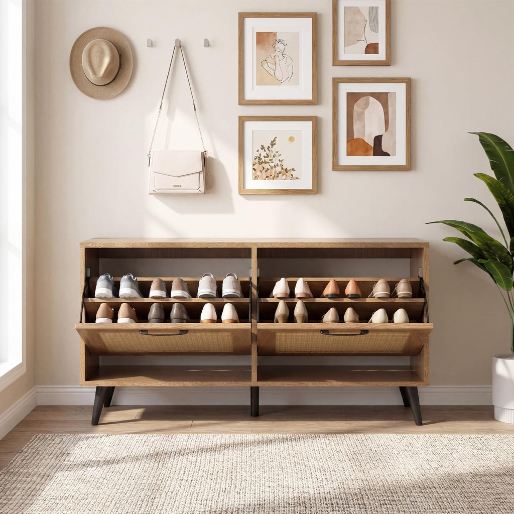 Rattan Shoe Storage Cabinet with 2 Flip Drawers, Hidden Shoe Storage Organizer with Adjustable Shelves and Metal