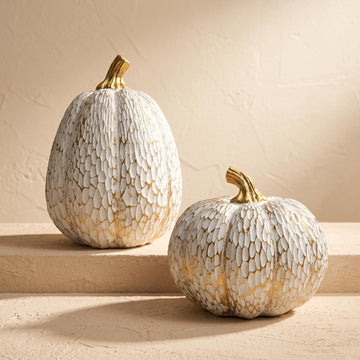 White and Gold Fall Pumpkin Decor, Small Decorative Thanksgiving Pumpkins - Set of 2