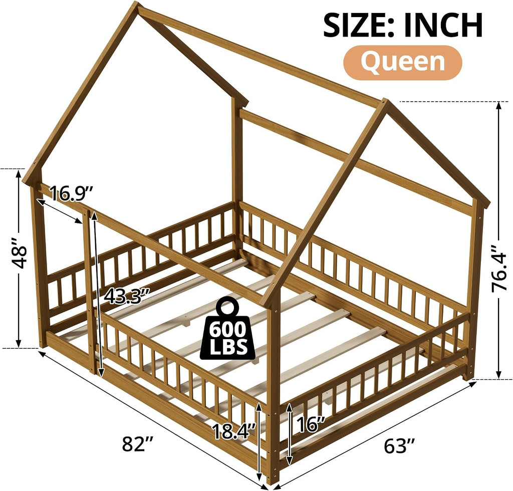 Queen Size Montessori Floor Bed Frame with Slats and Fence, Wooden House Bed for Boys Girls Bedroom, Light Espresso