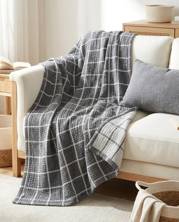 Handmade Bohemian 4-Layer Gauze Throw, 100% Cotton Muslin, Breathable Lightweight Multipurpose Throw Blanket, Dual
