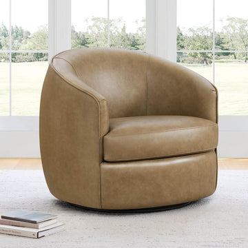 Genuine Leather Swivel Barrel Accent Chair, Fully Assembled, Mocha