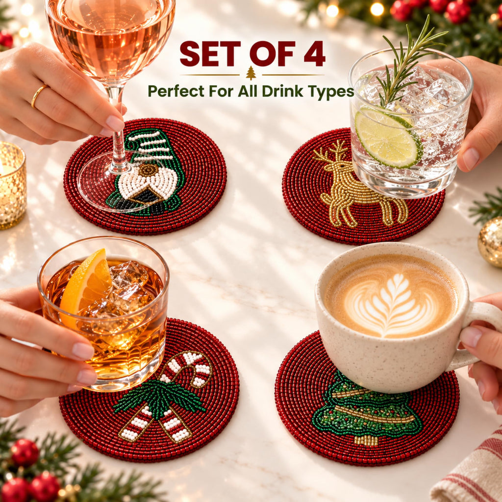 Cute Christmas Coasters Set Of 4, Waterproof Boho Table Decor