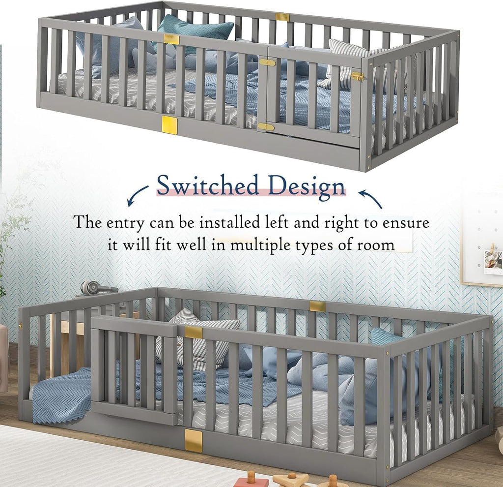 Twin Montessori Floor Bed with High Rails, Solid Wood Montessori Bed Frame for Kids, Door Can Install Left and Right