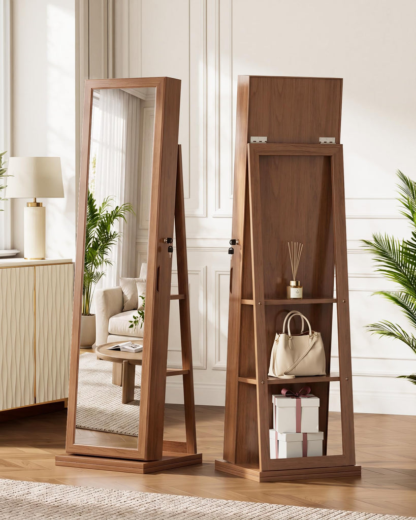 360° Swivel Jewelry Cabinet with Full-Length Mirror, Lockable, Brown