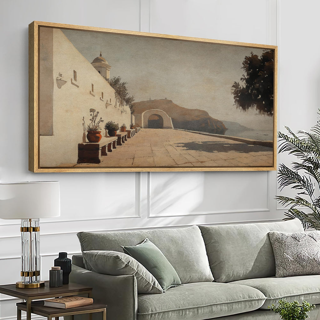 Extra Large Framed Canvas Print Wall Art Seaside Courtyard with Potted Plants and Ocean View Illustrations Modern Art