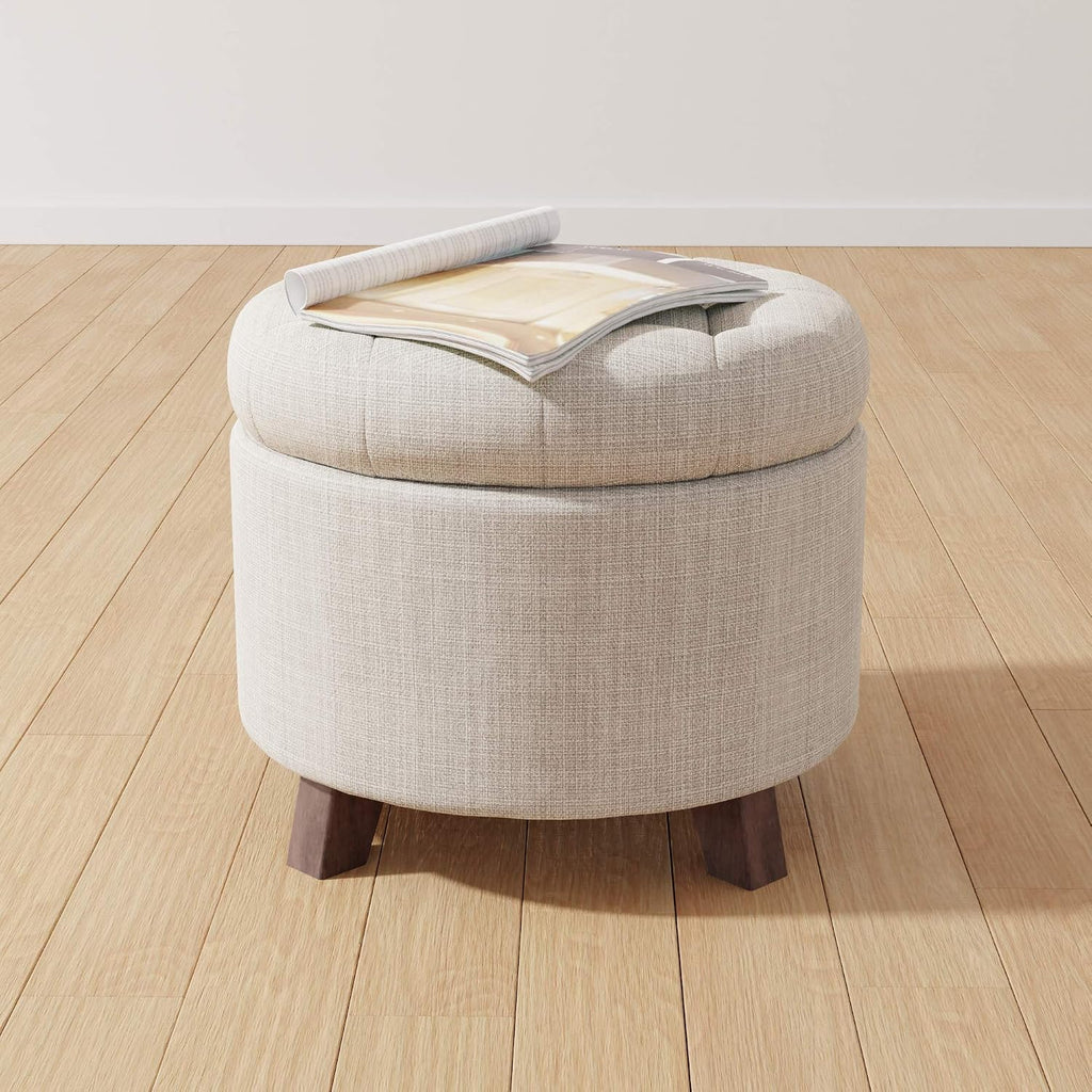 Round Storage Ottoman Foot Rest, Button Tufted Upholstered Footstool with Storage, Sturdy Linen Fabric , 20" x 17"
