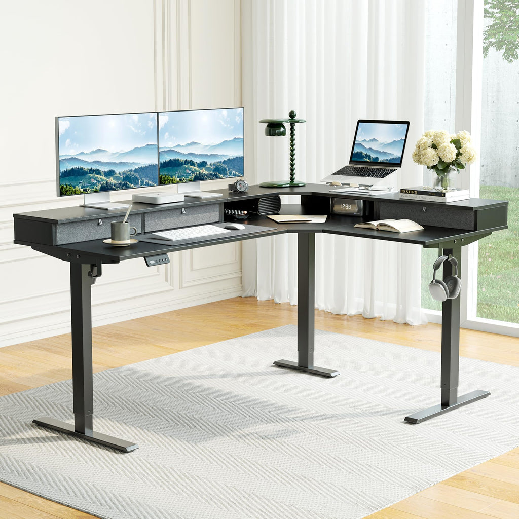 63"x48" L Shaped Standing Desk with Drawers & Shelf, Modern Black
