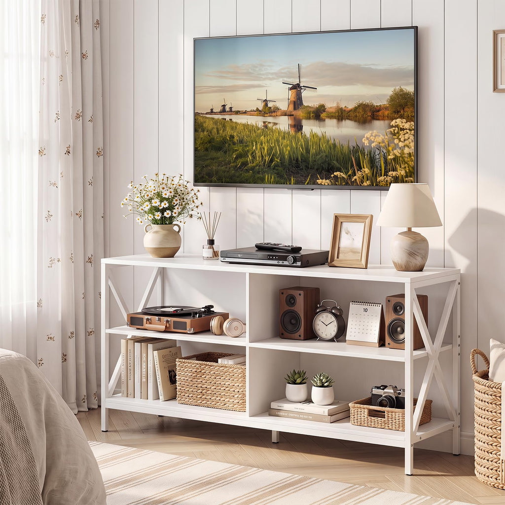 TV Stand for TVs up to 55 Inches, 47" Farmhouse Entertainment Center with 4 Open Shelves & Built-in Cable Holes, TV
