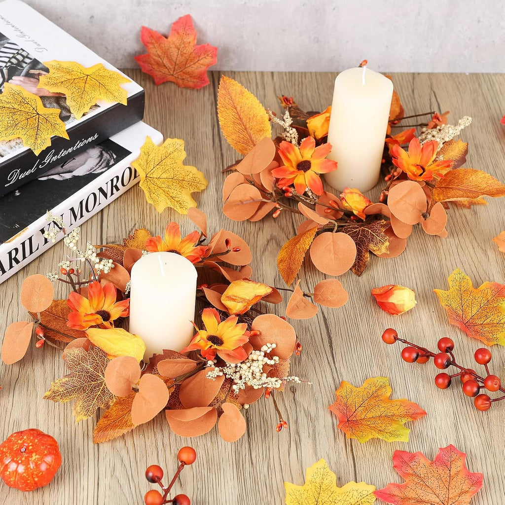 Fall Floral Candle Rings Wreaths Autumn Flower Rings for Centerpieces Harvest Pumpkins Wreath Mini Thanksgiving - Set of 4