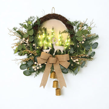 Lighted Christmas Wreath with LED Lights & White Deer, Bottle Brush Trees, Burlap Bow and Bells, Artificial Greenery