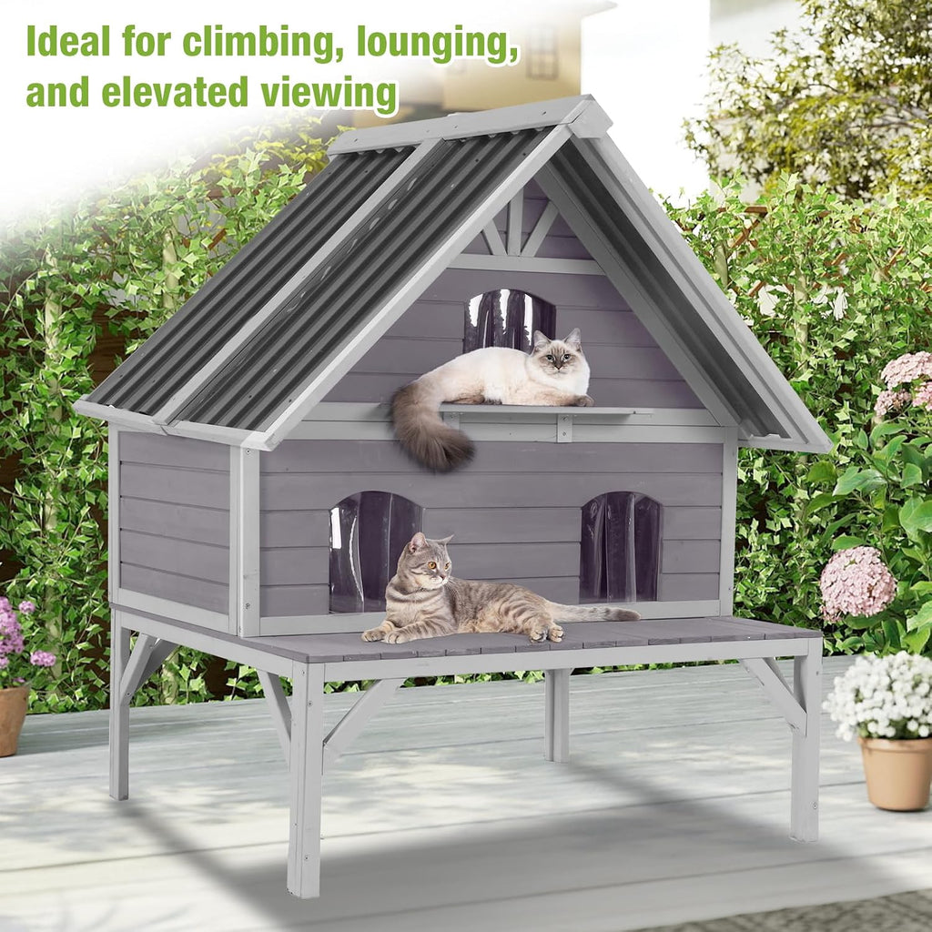 Outdoor Cat House Weatherproof Feral Cat Shelter for Multiple Cats, 2-Story Independent Design with Escape-Friendly
