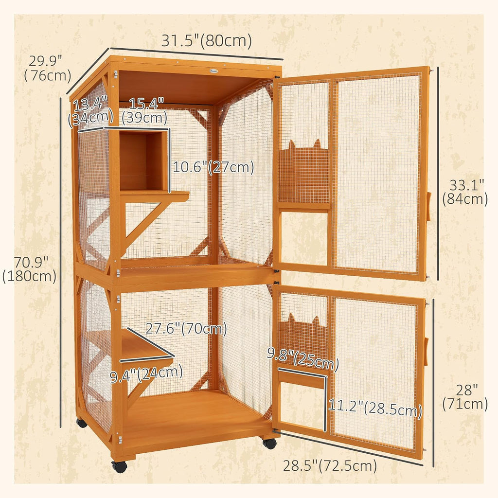 Wooden Catio with Waterproof Roof, Large Cat House with High-Up Resting Box, Indoor & Outdoor Cat Enclosure