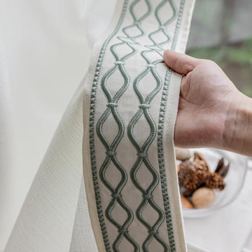 White Colour Linen Curtain Panels with Embroidered Trim Design, Pinch Pleat Curtains, Semi-Sheer Curtains for Sliding
