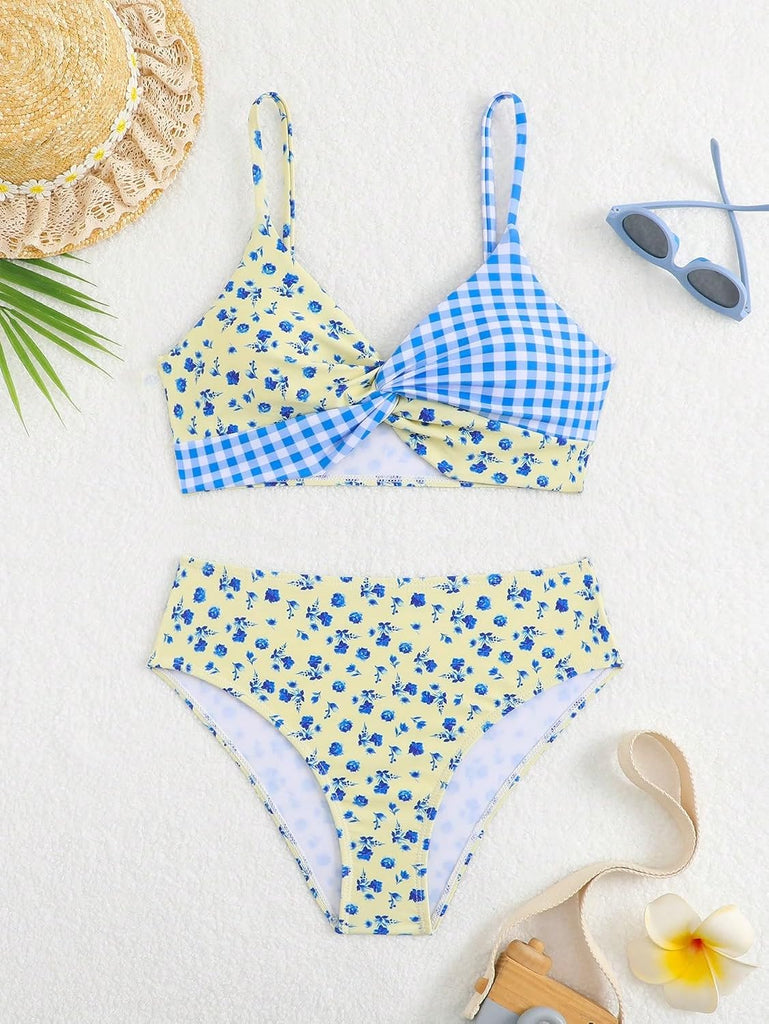 Girls 2 Piece Bikini Sets Twist Front Gingham Ditsy Floral Print Adjustable Straps Bathing Suit Tween Beach Swimwear