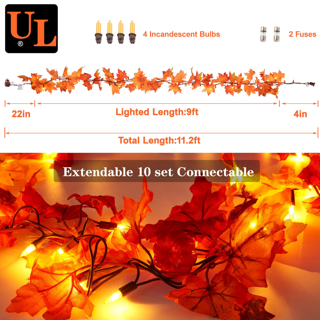 Fall Decorations - 9FT Fall Garland with Lights 50 Orange Lights