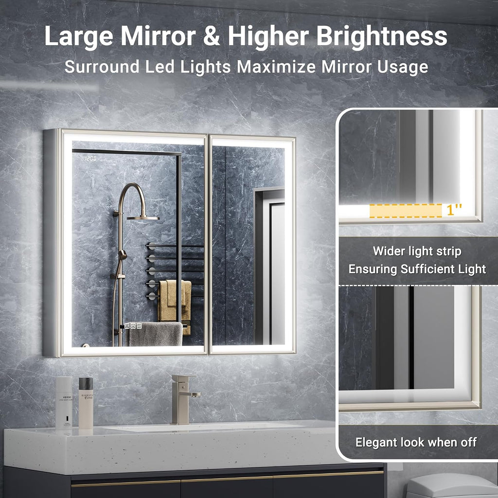 36x30 Lights Medicine Mirror Cabinet, Beveled Brushed Nickel Frame | Lighted Aluminum Bathroom Cabinet, Surface or