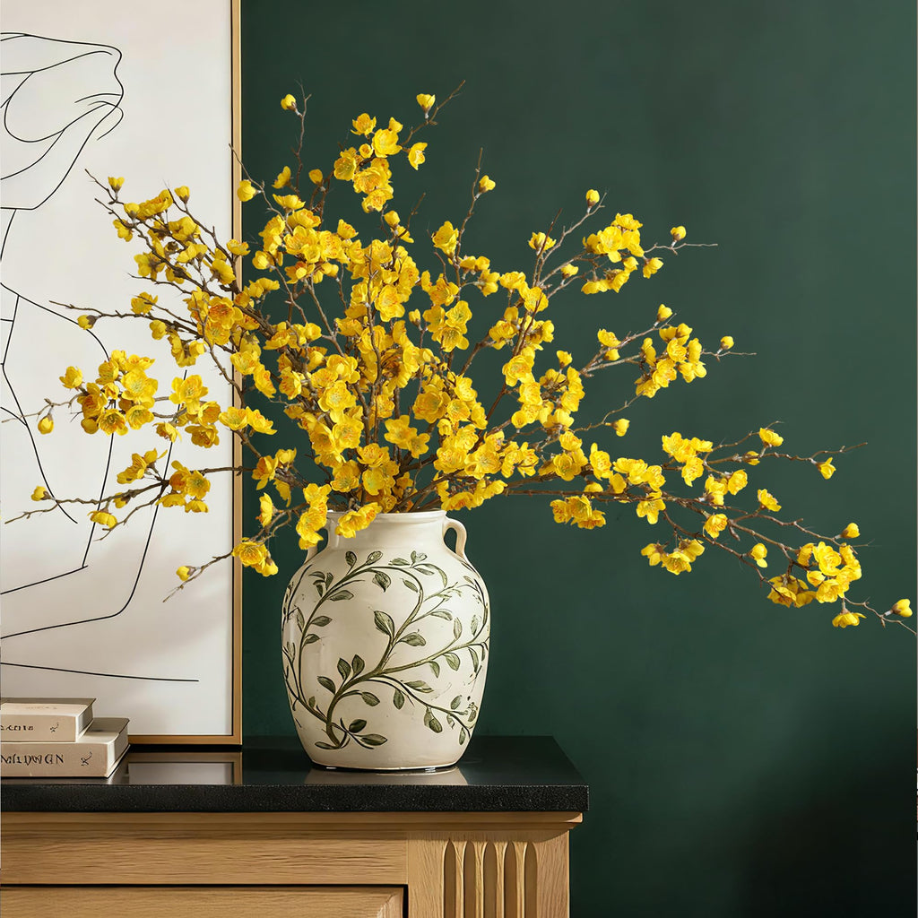 6 PCS Artificial Cherry Blossom Branches Spring Indoor Decoration, Faux Yellow Silk 34.45" Long Stems Real Touch Plum