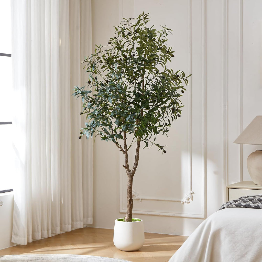6ft Artificial Olive Tree Indoor with Modern Weighted Planter, Realistic Faux Olive Tree with Wood Trunks, Lifelike