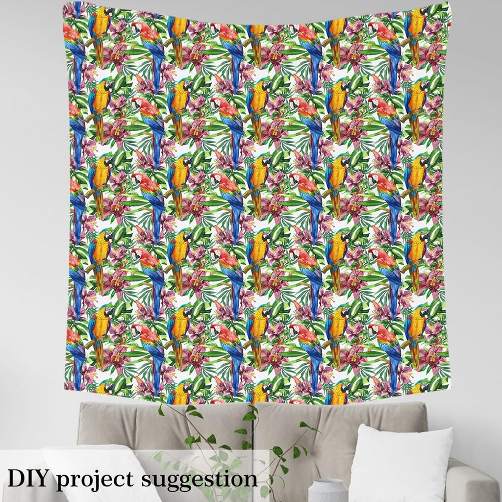 Colorful Birds Fabric by The Yard, Watercolor Palm Leaves Tropical Upholstery Sewing Fabric DIY Projects, Rustic Parrot